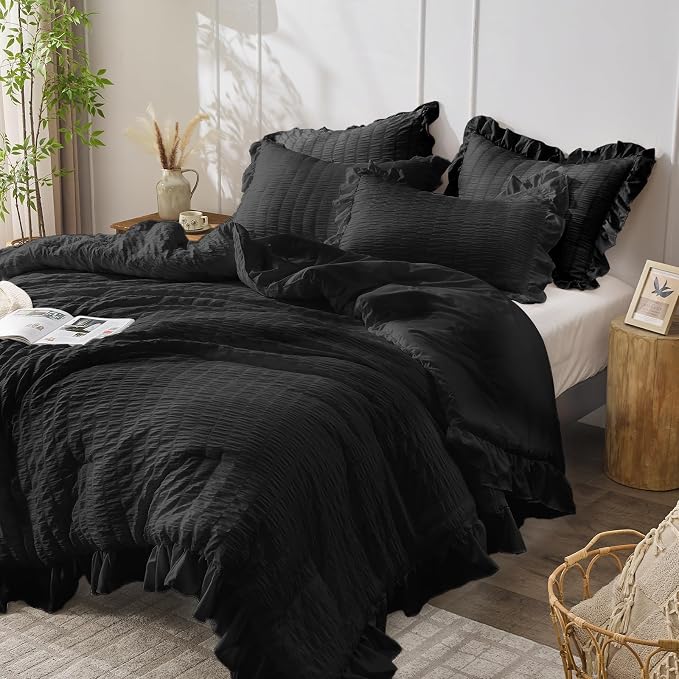 JOLLYVOGUE Black King Comforter Set, 3 Pieces Seersucker Comforters King Size - Image 2