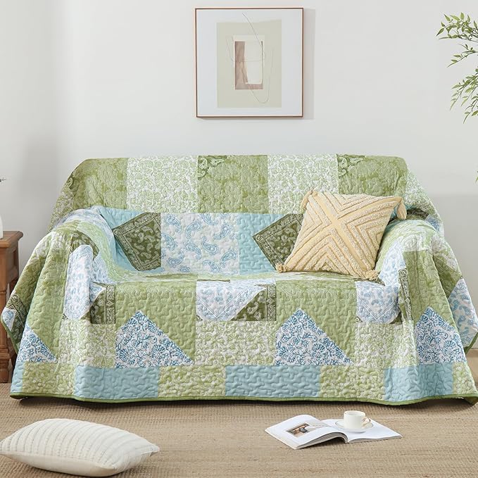 Mybedsoul Patchwork Quilts Queen Size, Soft Sage Green Paisley Floral Queen - Image 6