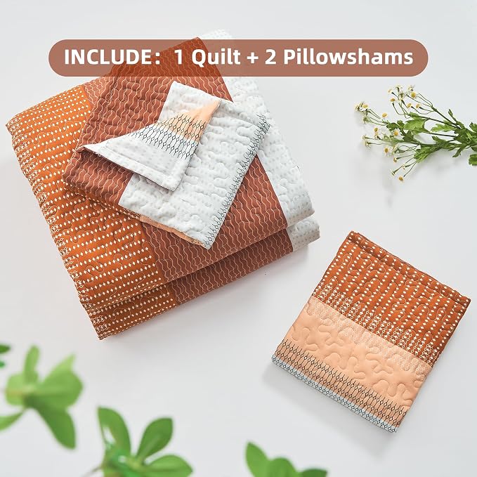 Andency Orange Quilt Queen, 3 Pieces Patchwork Striped Bedspread Coverlet Set - Image 7
