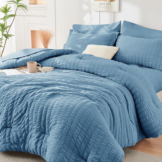 HYMOKEGE Mineral Blue Queen Comforter Set Seersucker 7 Pieces, All Season by HYMOKEGE
