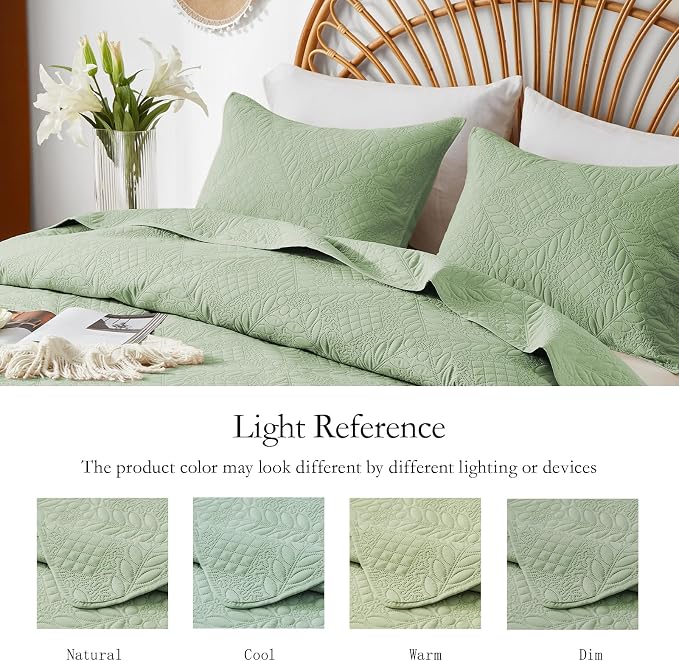 FLYMME Twin Quilt Set, Sage Green Lightweight Bedspreads, Vintage Olive Leaf - Image 4