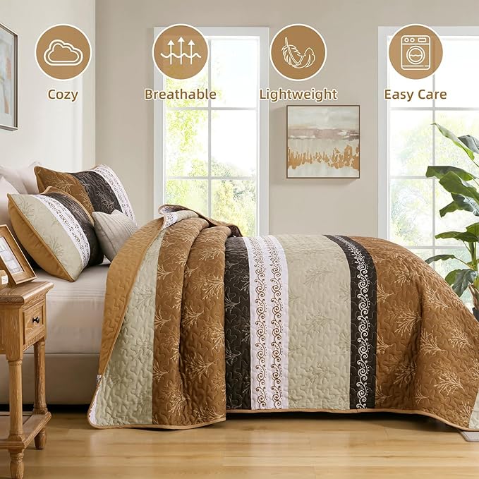DJY Brown Quilt Set King Size Striped Bedspread Coverlet Set 3 Pieces Boho - Image 3