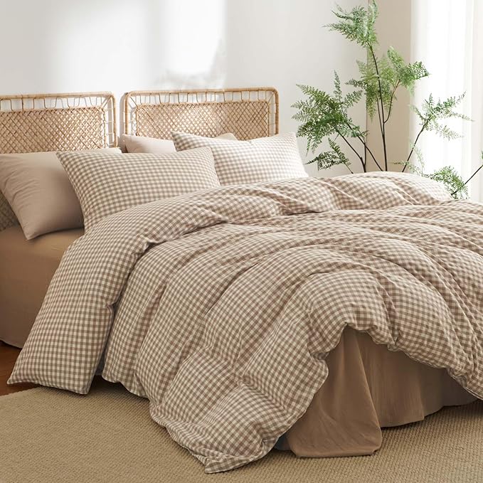 Nayoroom Gingham Duvet Cover King Size 100% Washed Cotton Brown Tan Plaid - Image 3