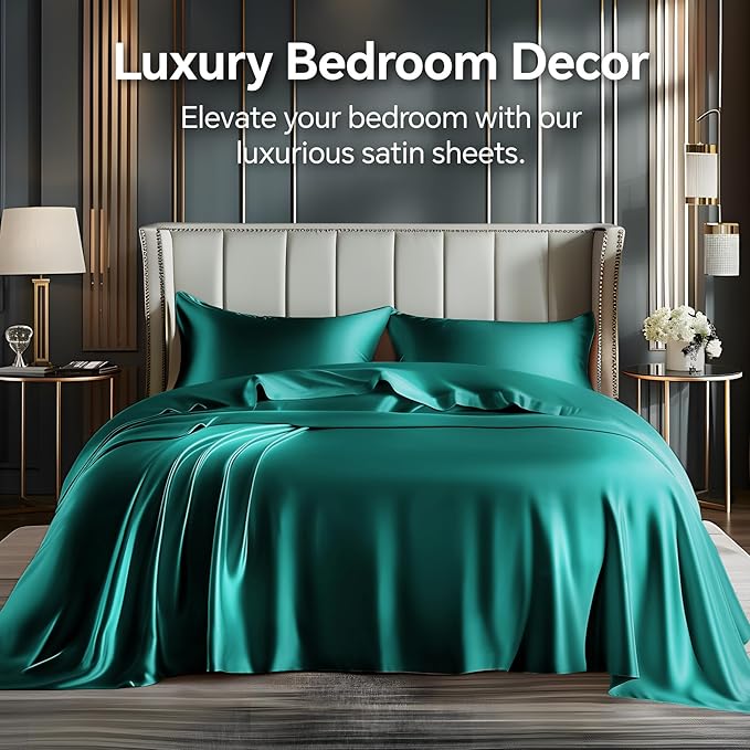 BEDELITE King Size Sheets Set, Luxury Soft Teal Satin Sheets - Image 2