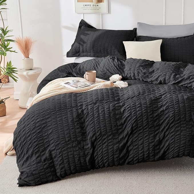 HYMOKEGE Black/Light Grey California King Comforter Set Seersucker 7 Pieces - Image 2