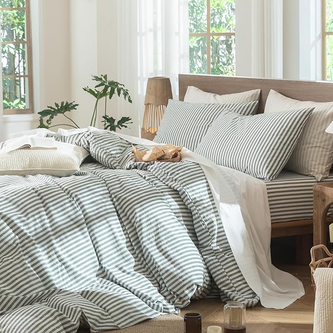 MooMee Striped Duvet Cover Set 100% Washed Cotton Linen Like Textured - Image 8