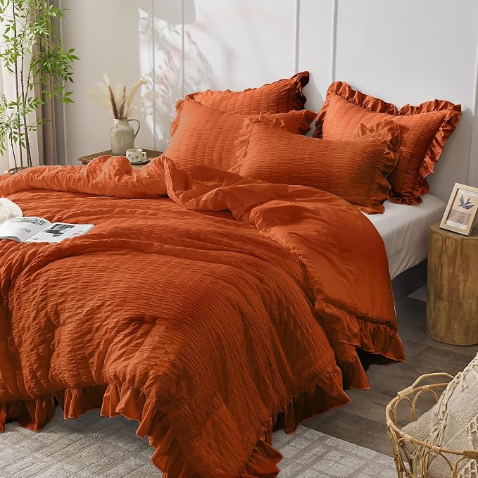 JOLLYVOGUE Burnt Orange Queen Comforter Set, 3 Pieces Seersucker Comforters - Image 2