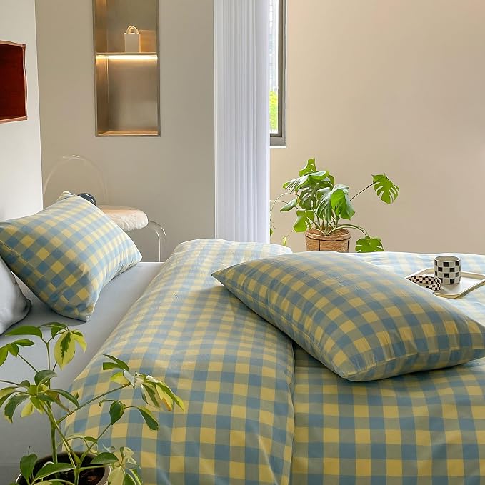 mixinni Plaid Duvet Cover Set Queen Yellow - Image 3