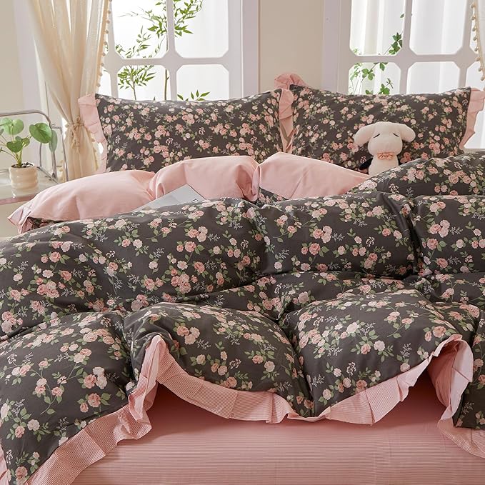 mixinni Vintage Floral Duvet Cover Set Twin Size – 100% Cotton Ruffle Lace - Image 3