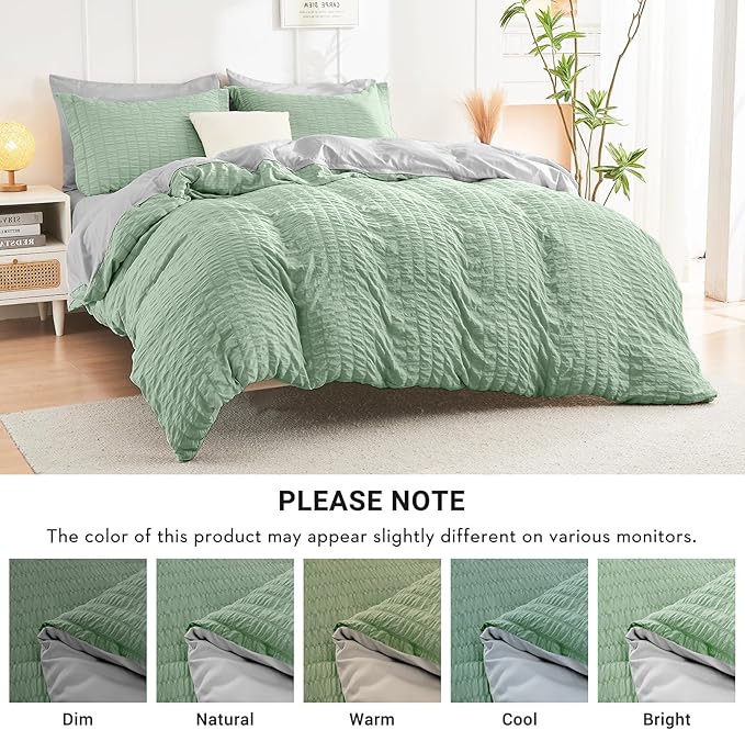HYMOKEGE Sage Green/Light Grey King Size Comforter Set Seersucker 7 Pieces - Image 5