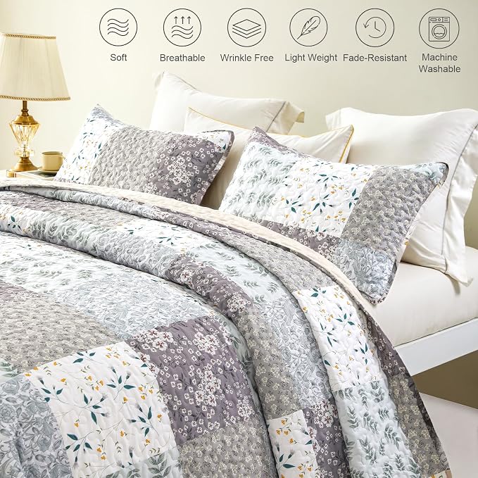 Whale Flotilla Patchwork Quilt Twin Size, Extra Soft Boho Floral Bedspreads - Image 4