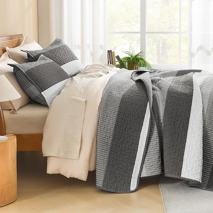 Litanika Quilt King Size Dark Grey, Stripe Patchwork Summer Bedspread Coverlet - Image 2