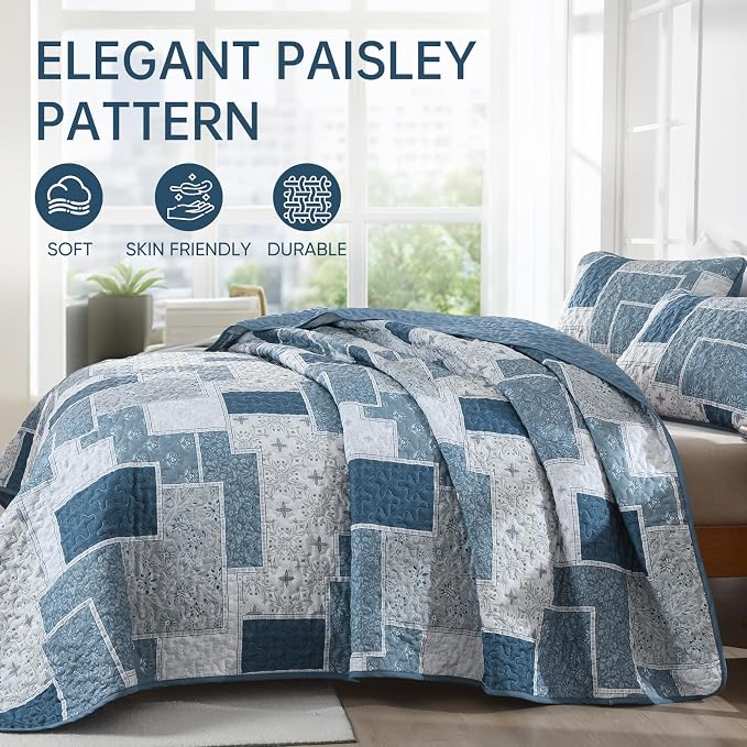 Xruibed Blue Boho Quilt Set King Size, 3 Pieces Plaid Floral Bedspread Coverlet - Image 3