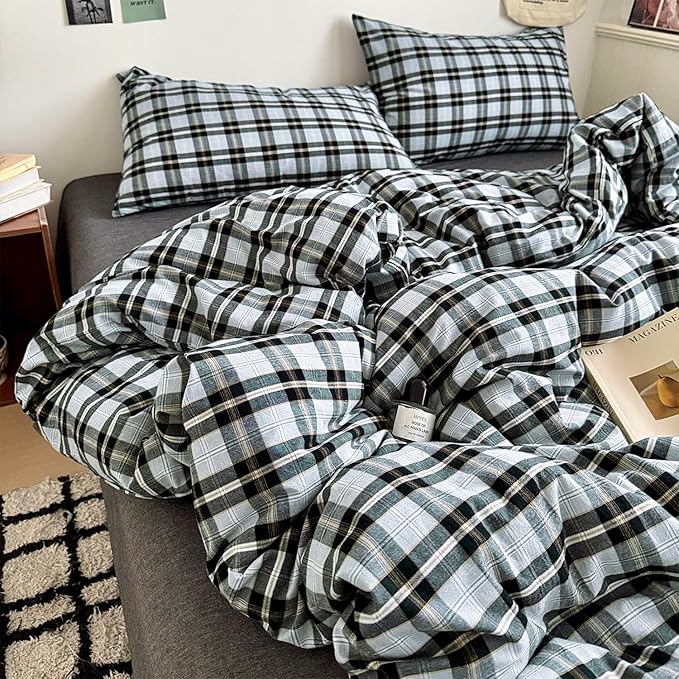 mixinni Vintage Grey & Pale Blue Buffalo Plaid Duvet Cover Set Twin Size by mixinni