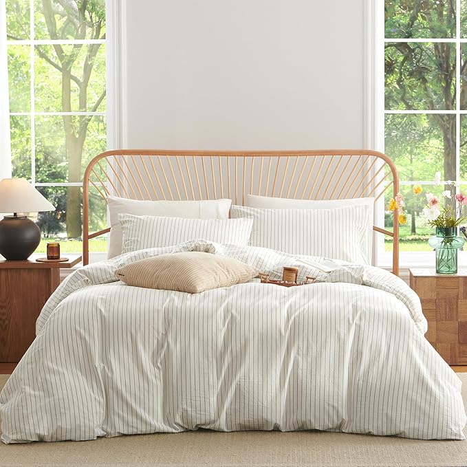 Nayoroom Striped Duvet Cover King Size 100% Washed Cotton White Brown Stripe - Image 7