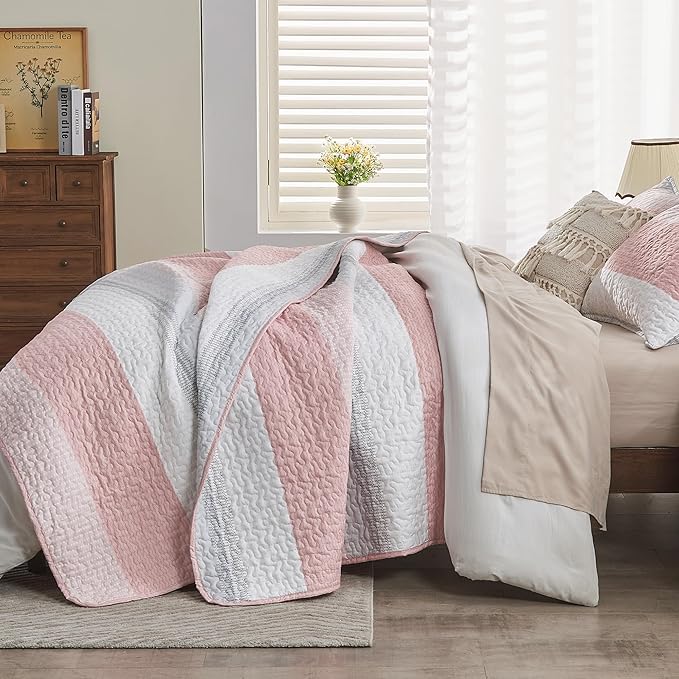 Andency Pink Quilt Cal King, 3 Pieces Patchwork Striped Bedspread Coverlet Set - Image 2