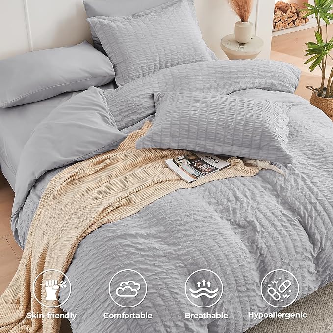 HYMOKEGE Light Grey Full Size Comforter Sets Seersucker 7 Pieces, All Season - Image 3