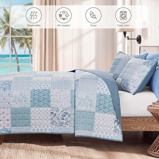 BLOOMHAVEN Quilt Set Queen Size, Patchwork Sea Blue Floral Quilt Sets, - Image 4