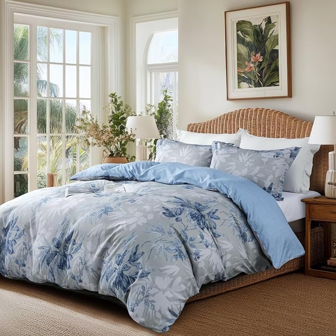 OAITE Duvet Cover Queen Size, Reversible Flower Blue Duvet Cover Set - Image 3