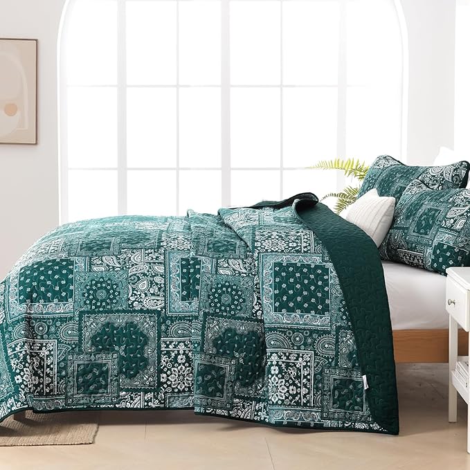 Cottolester King Quilt Set 3 Pieces, Emerald Green Patchwork Quilt Set - Image 5