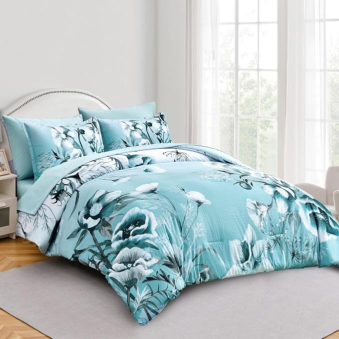 Luxudecor Floral Comforter Set Twin Size 7 Piece, Aqua Flower Bed in a Bag - Image 2