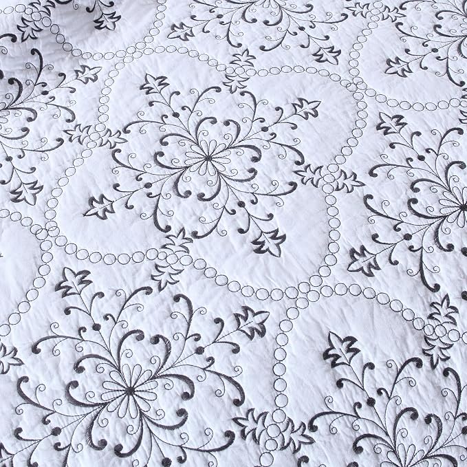ROOMLIFE Quilt Set King Size 3D Floral Embroidery Pattern 3-Piece Cotton - Image 4
