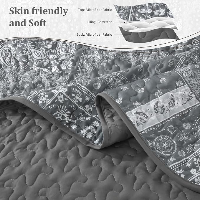Cottolester Grey Quilt Set Queen Size, 3 Pieces Boho Patchwork Paisley Quilt Set - Image 4