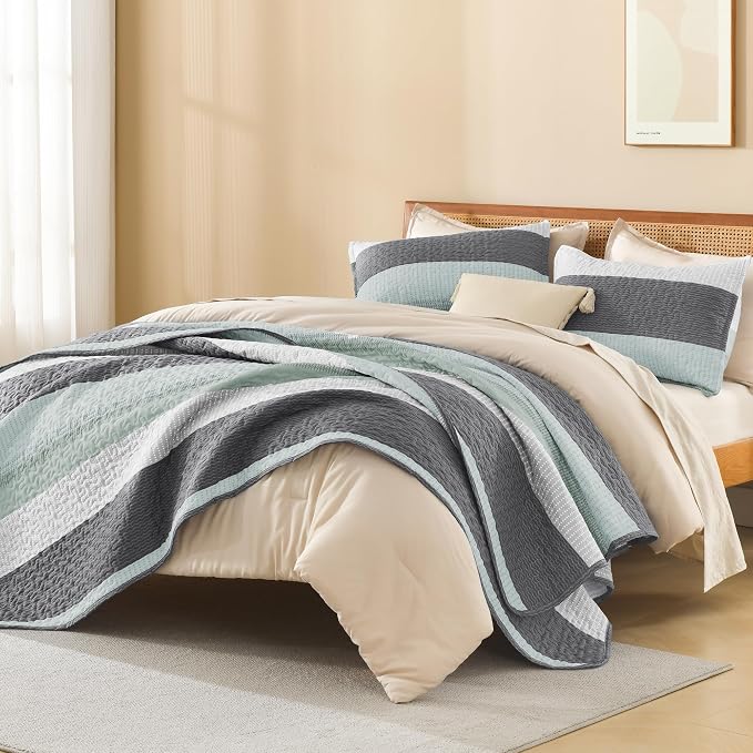 Litanika Twin Quilt Set Sage Green, 68x86 Stripe Bedspread Coverlet 2 Pieces - Image 4