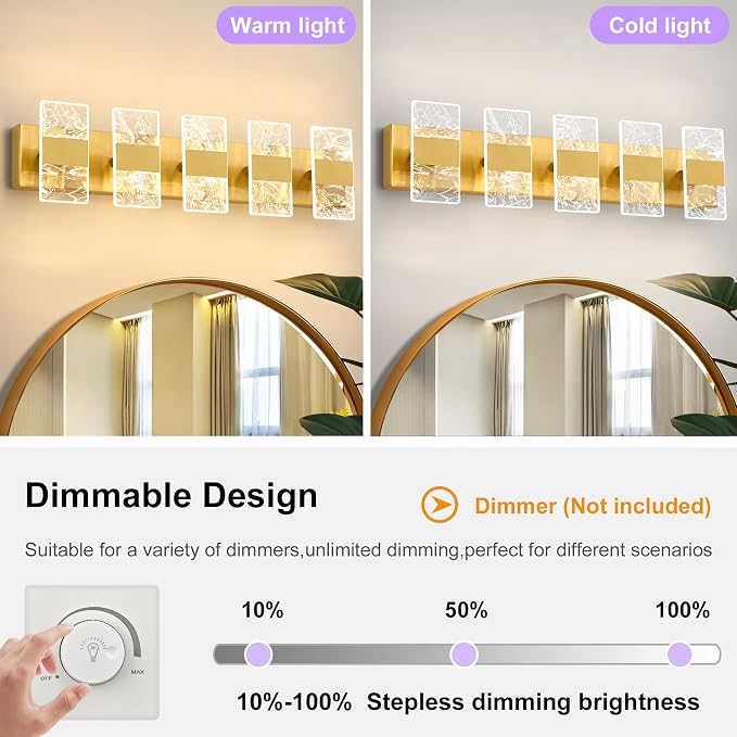 Modern LED Bathroom Light Fixtures Dimmable 5-Light Gold Vanity Light, 5CCT - Image 4