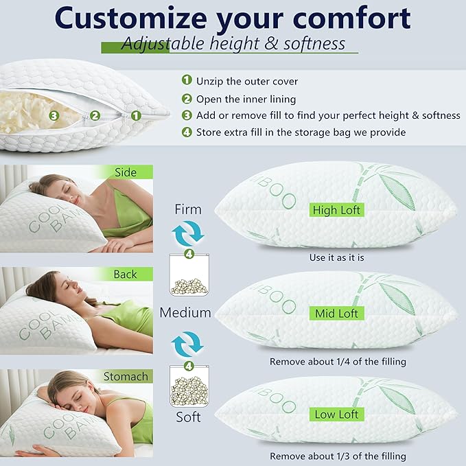 Shredded Memory Foam Pillows, Cooling Pillows King Size Set of 2 Adjustable - Image 3