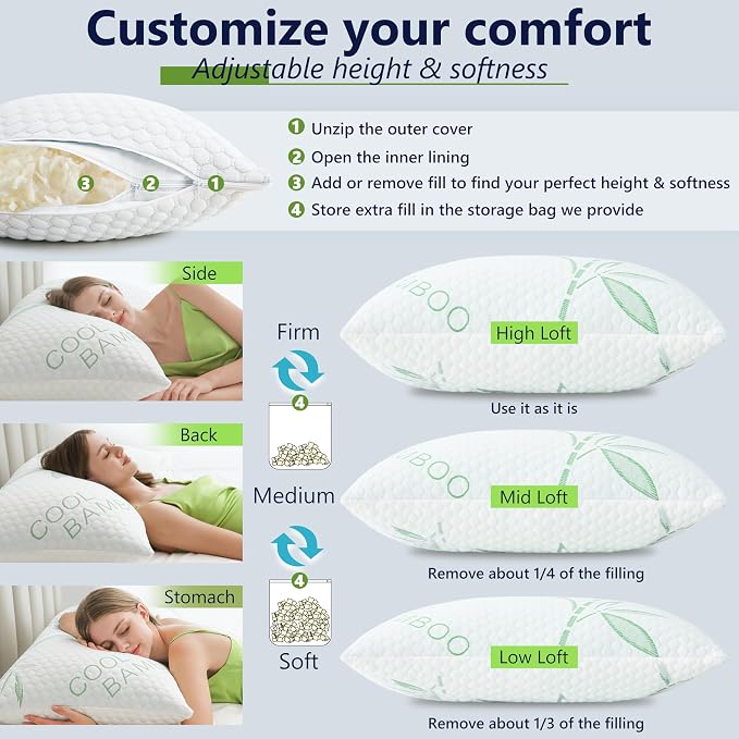Shredded Memory Foam Pillow, Cooling Pillow King Size 1 Pack Adjustable Firm - Image 3