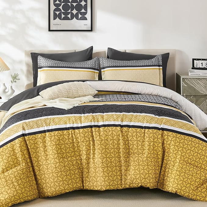 WONGS BEDDING Yellow Grey Queen Comforter Set 7 Pieces, Boho Striped Bed in a - Image 8