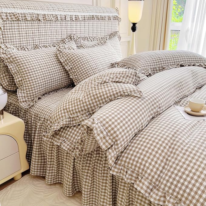 mixinni Tan Gingham Ruffle Duvet Cover King Size 3 Pieces – 100% Washed Cotton - Image 2