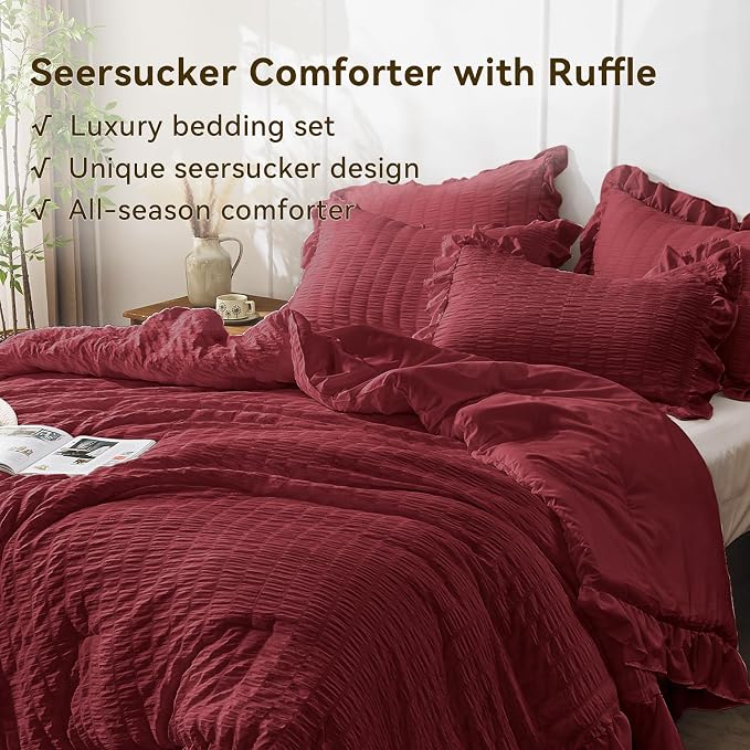 JOLLYVOGUE Queen Comforter Set, 3 Pieces Burgundy Seersucker Comforters Queen - Image 3