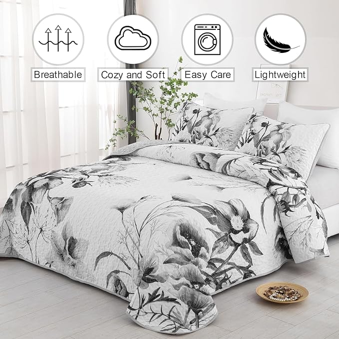 Floral Quilt Set California King 3 Pieces Grey Floral Quilt Coverlet Set Soft - Image 2