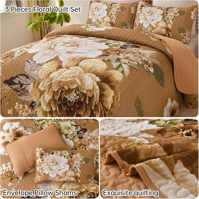 WONGS BEDDING Floral Quilt Set Brown Queen, Quilted Printed Lightweight - Image 5