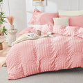 HYMOKEGE Pink/Ivory Duvet Cover Queen Size, Ultra Soft 3-Piece Seersucker Duvet by HYMOKEGE