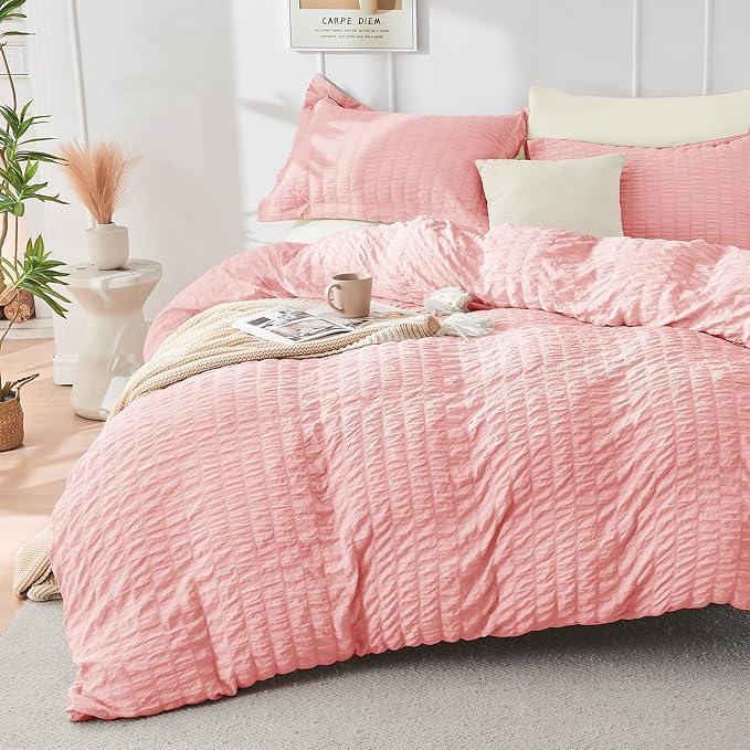 HYMOKEGE Pink/Ivory Duvet Cover King Size, Ultra Soft 3-Piece Seersucker Duvet by HYMOKEGE