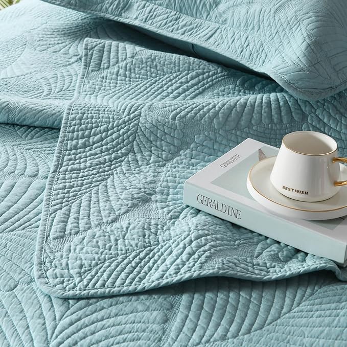 ROOMLIFE King Quilt Set Palm Leaves Pattern 3 PCS 100% Cotton Soft Breathable - Image 3