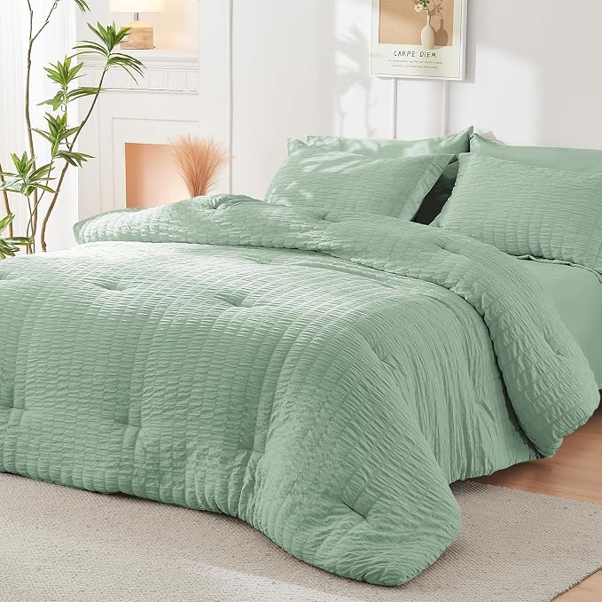 HYMOKEGE Sage Green Twin Comforter Set Seersucker 5 Pieces, All Season Luxury - Image 8