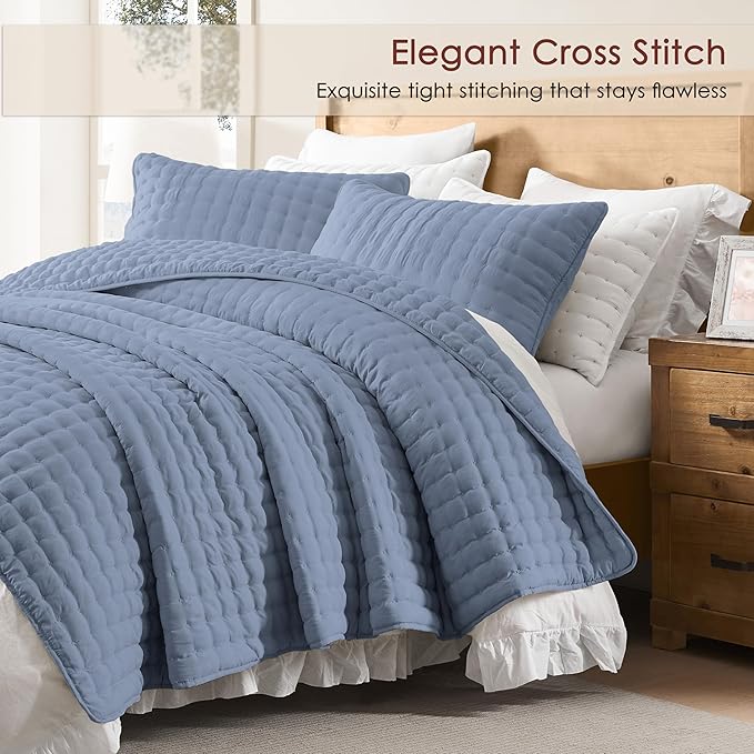 WDCOZY Dusty Blue Cloud Quilt Set Twin Size, Lightweight Soft Cross Stitch - Image 2