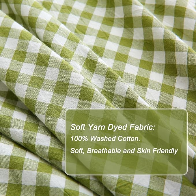 Silnuo Olive Green/White Checkered Ruffle 3-Piece Duvet Cover Set Full Size - Image 5