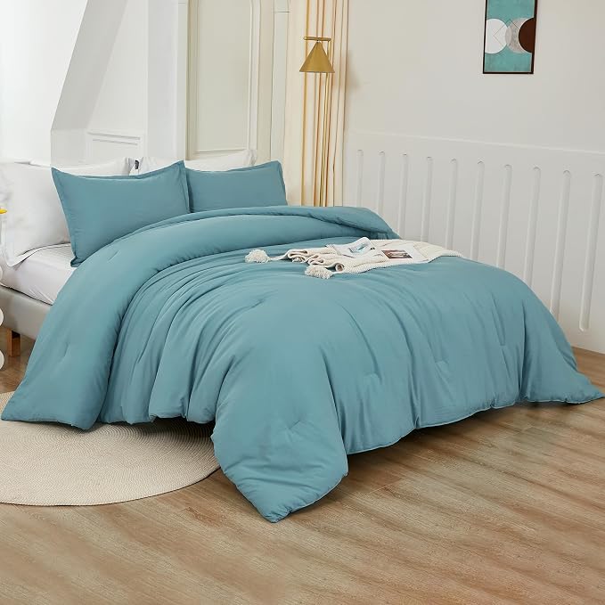 Litanika Grayish Teal Comforter King Size, 3 Pieces Lightweight Solid Bedding - Image 2