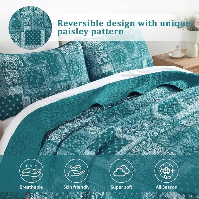 Cottolester Teal Patchwork Quilt Set Queen Size, 3 Pieces Boho Paisley Quilt Set - Image 3