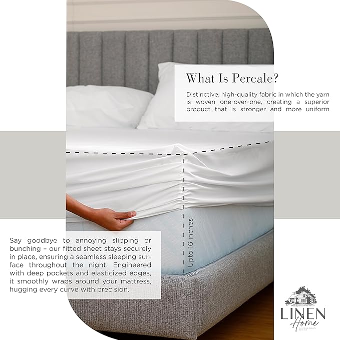 Linen Home 100% Cotton Percale Sheets King Size, Deep Pocket, 4 Pieces Set - Image 4