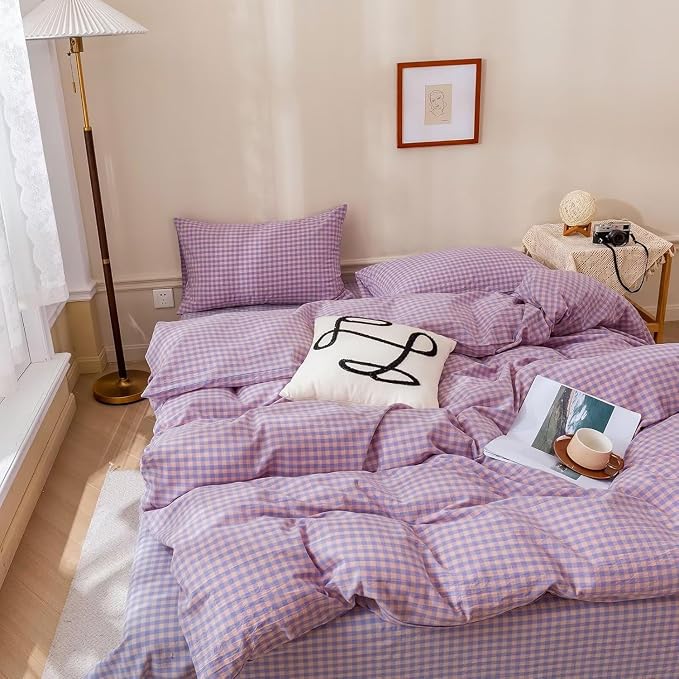 mixinni Purple Gingham Grid Duvet Cover Full, 100% Washed Cotton Modern - Image 3