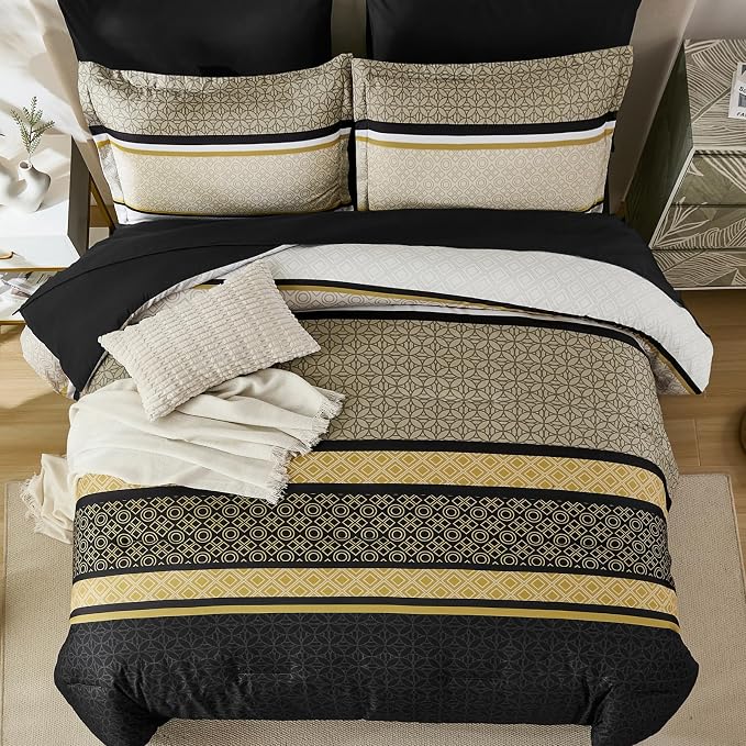 WONGS BEDDING Yellow Black King Comforter Set 7 Pieces, Boho Striped Bed in a - Image 3