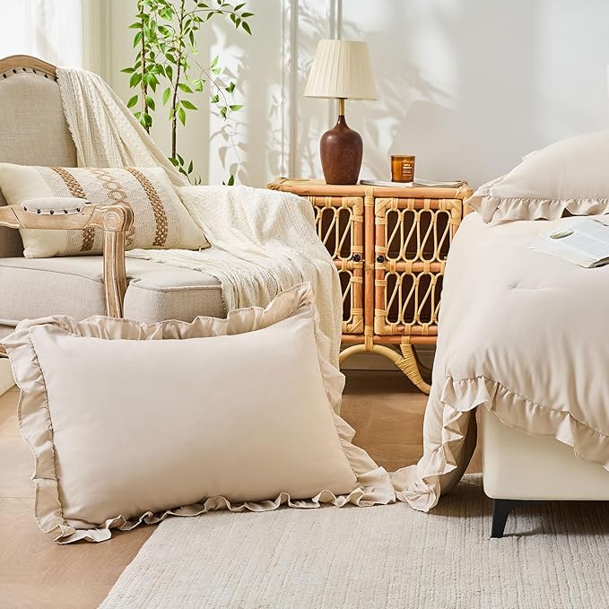 FUANNA Full Size Comforter Sets Beige, 3 Pieces Ruffle Full Size Bedding Sets - Image 6