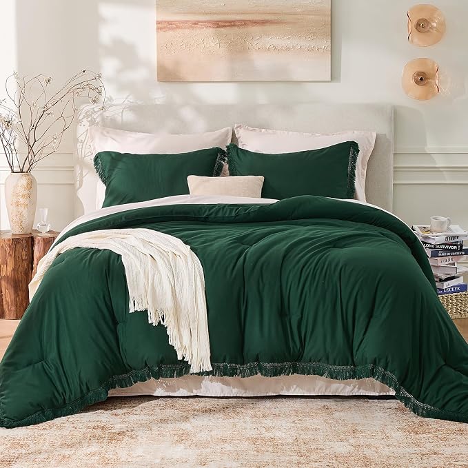 Andency Dark Emerald Green Comforter Set King Size, 3 Pieces Boho Lightweight - Image 2