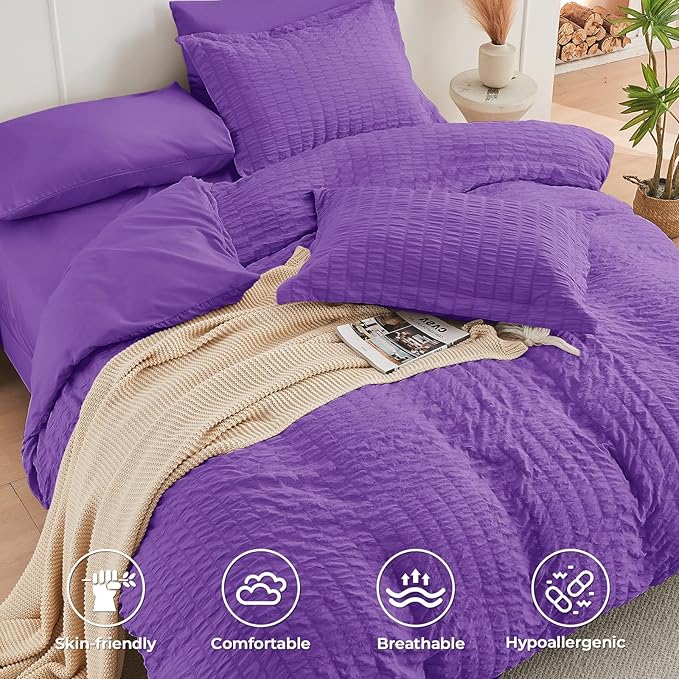 HYMOKEGE Bright Purple Queen Comforter Set Seersucker 7 Pieces, All Season - Image 3